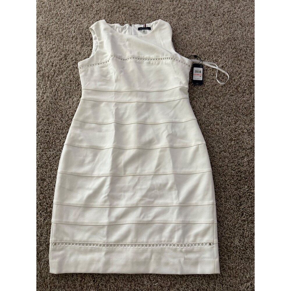 Tommy Hilfiger Off White Shealth Sleeveless Zip Up Lined Midi Dress Size 10